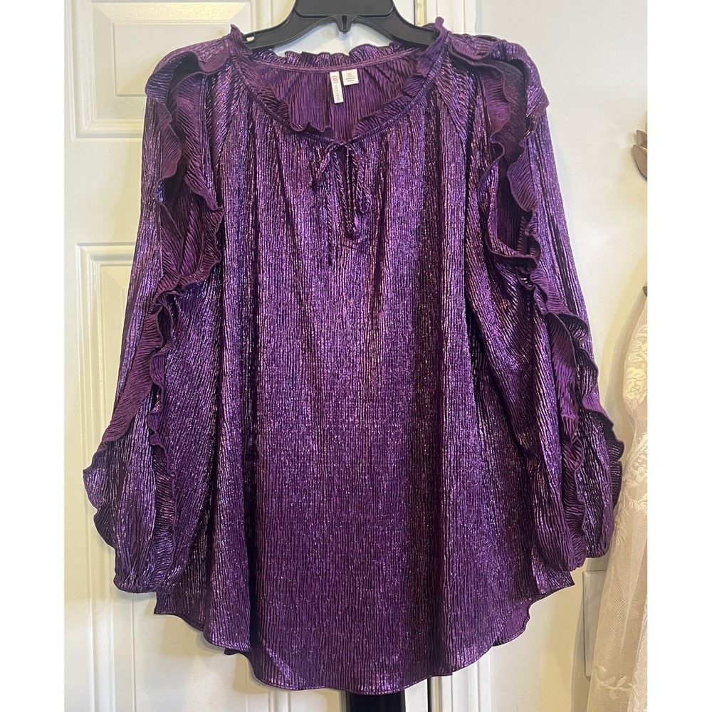 Cato Metallic Fairycore Purple Crinkled Ruffle Long Sleeve Blouse Top Size XL